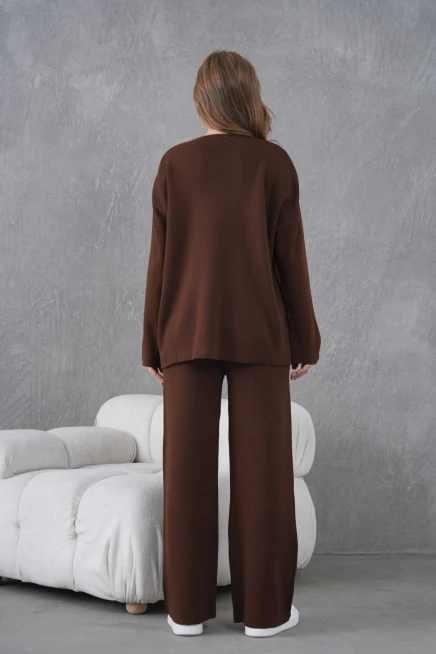 Kadın Bisiklet Yaka Yırtmaçlı Oversize Kazak Pantolon İkili Triko Takım