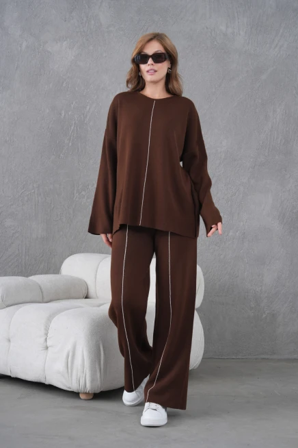 Kadın Bisiklet Yaka Yırtmaçlı Oversize Kazak Pantolon İkili Triko Takım