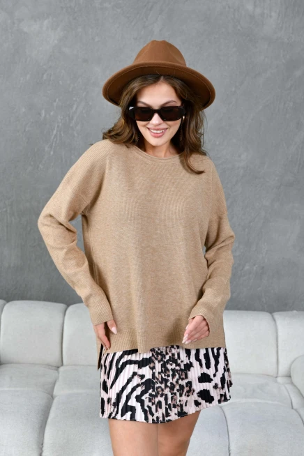 Kadın Bisiklet Yaka Yırtmaçlı Oversize Triko Kazak