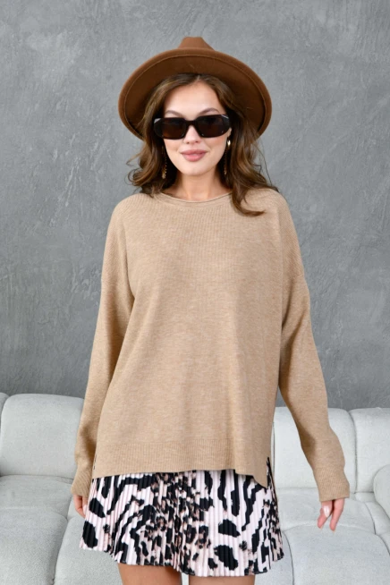 Kadın Bisiklet Yaka Yırtmaçlı Oversize Triko Kazak