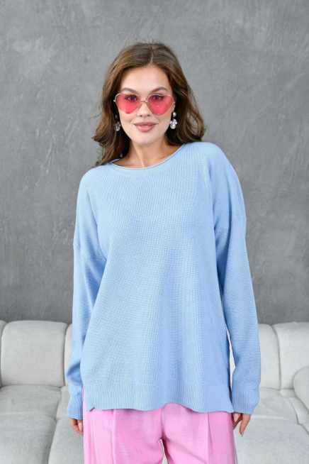 Kadın Bisiklet Yaka Yırtmaçlı Oversize Triko Kazak