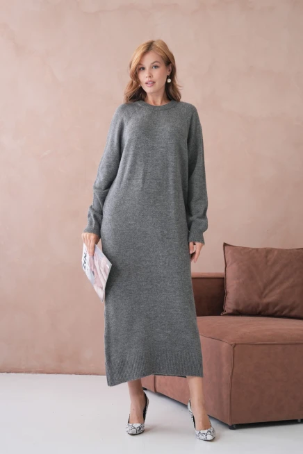 Kadın Bisiklet Yaka Yumuşak Dokulu Maksi Boy Şardonlu Oversize Triko Elbise 8324Sw