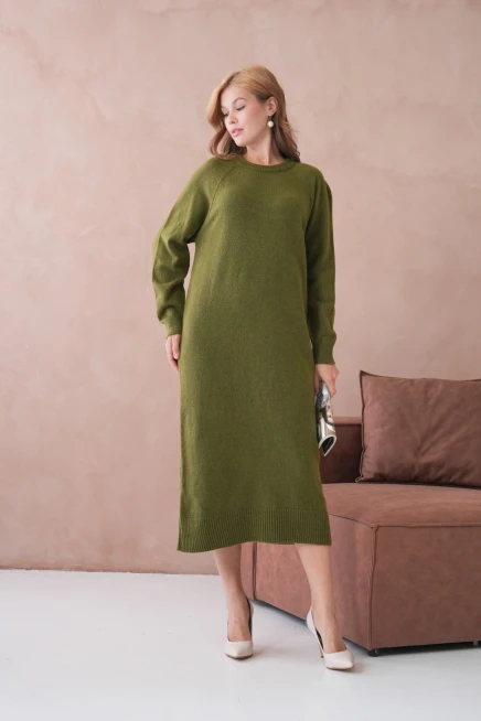 Kadın Bisiklet Yaka Yumuşak Dokulu Maksi Boy Şardonlu Oversize Triko Elbise 8324Sw