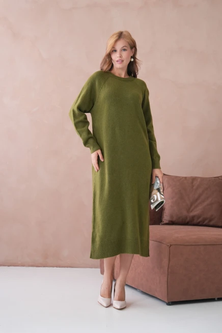 Kadın Bisiklet Yaka Yumuşak Dokulu Maksi Boy Şardonlu Oversize Triko Elbise 8324Sw