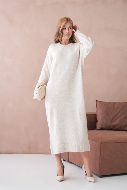 Kadın Bisiklet Yaka Yumuşak Dokulu Maksi Boy Şardonlu Oversize Triko Elbise 8324Sw