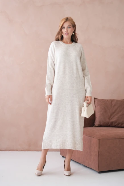 Kadın Bisiklet Yaka Yumuşak Dokulu Maksi Boy Şardonlu Oversize Triko Elbise 8324Sw