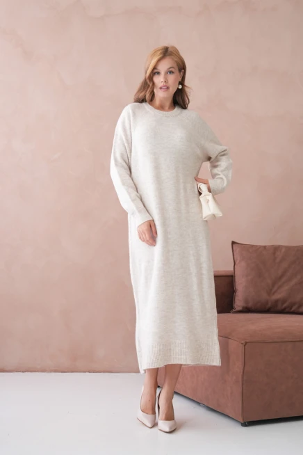 Kadın Bisiklet Yaka Yumuşak Dokulu Maksi Boy Şardonlu Oversize Triko Elbise 8324Sw