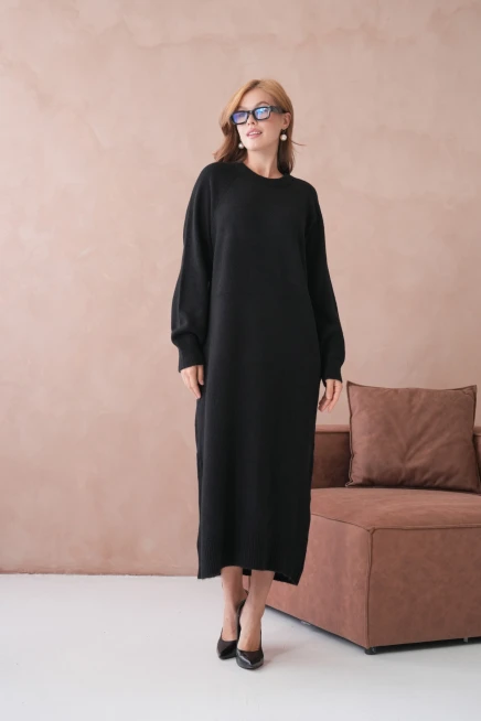 Kadın Bisiklet Yaka Yumuşak Dokulu Maksi Boy Şardonlu Oversize Triko Elbise 8324Sw