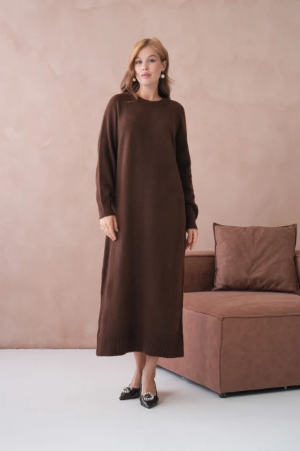 Kadın Bisiklet Yaka Yumuşak Dokulu Maksi Boy Şardonlu Oversize Triko Elbise 8324Sw