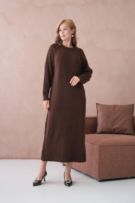 Kadın Bisiklet Yaka Yumuşak Dokulu Maksi Boy Şardonlu Oversize Triko Elbise 8324Sw