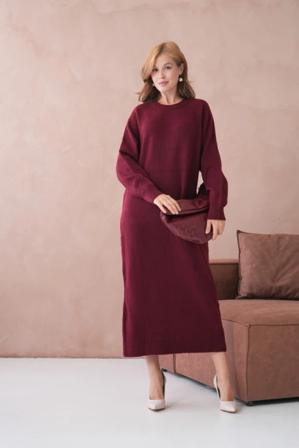 Kadın Bisiklet Yaka Yumuşak Dokulu Maksi Boy Şardonlu Oversize Triko Elbise 8324Sw