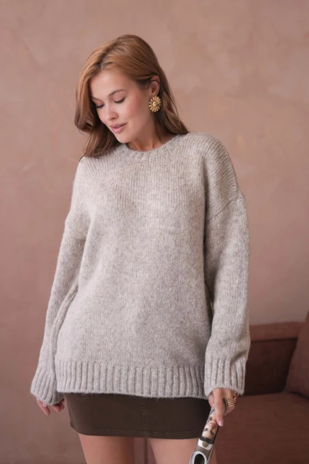 Kadın Bisiklet Yaka Yumuşak Dokulu Oversize Triko Kazak 3032