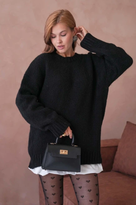 Kadın Bisiklet Yaka Yumuşak Dokulu Oversize Triko Kazak 3032