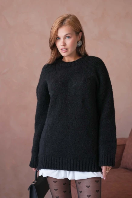 Kadın Bisiklet Yaka Yumuşak Dokulu Oversize Triko Kazak 3032