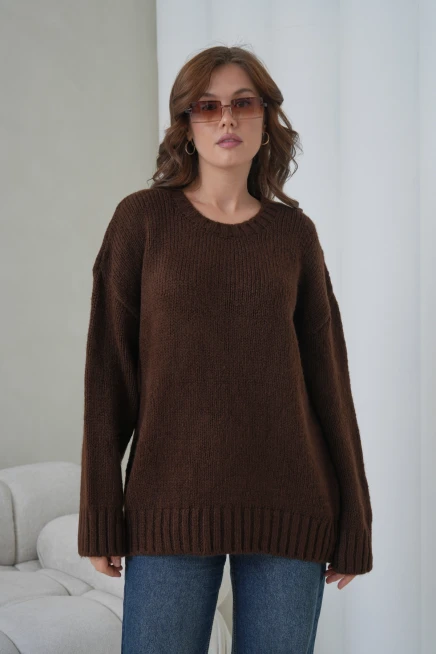 Kadın Bisiklet Yaka Yumuşak Dokulu Oversize Triko Kazak 3032