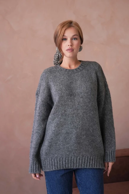 Kadın Bisiklet Yaka Yumuşak Dokulu Oversize Triko Kazak 3032