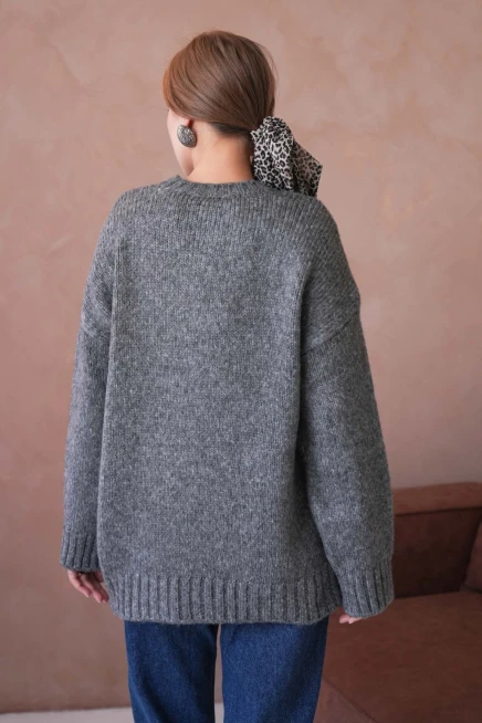 Kadın Bisiklet Yaka Yumuşak Dokulu Oversize Triko Kazak 3032