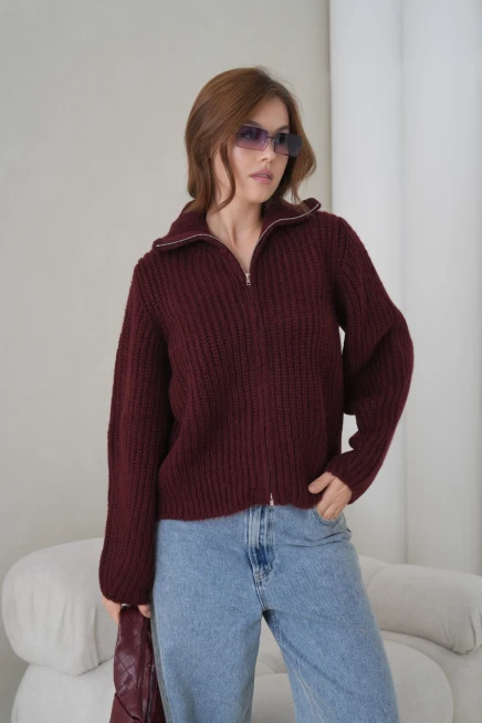 Kadın Devrik Yaka Fermuar Kapama Fitilli Triko Ceket