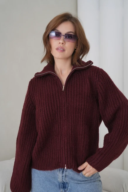 Kadın Devrik Yaka Fermuar Kapama Fitilli Triko Ceket