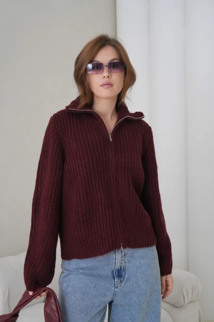 Kadın Devrik Yaka Fermuar Kapama Fitilli Triko Ceket