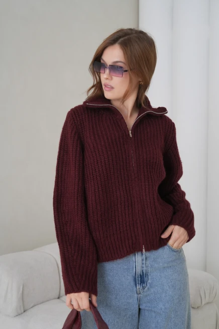 Kadın Devrik Yaka Fermuar Kapama Fitilli Triko Ceket