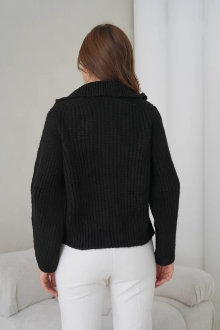 Kadın Devrik Yaka Fermuar Kapama Fitilli Triko Ceket