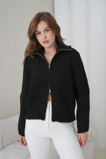 Kadın Devrik Yaka Fermuar Kapama Fitilli Triko Ceket