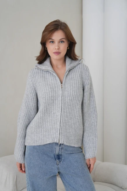 Kadın Devrik Yaka Fermuar Kapama Fitilli Triko Ceket