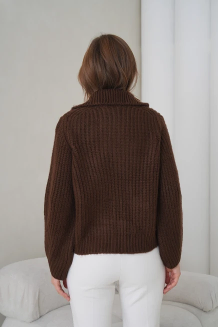 Kadın Devrik Yaka Fermuar Kapama Fitilli Triko Ceket