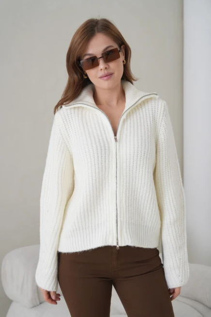 Kadın Devrik Yaka Fermuar Kapama Fitilli Triko Ceket