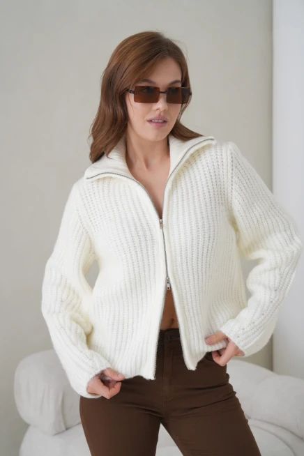 Kadın Devrik Yaka Fermuar Kapama Fitilli Triko Ceket