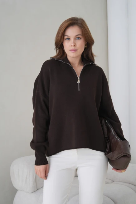 Kadın Devrik Yaka Yarım Pat Fermuar Oversize Triko Kazak 12374