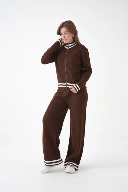 Kadın Dik Yaka Fermuar Kapama Çizgili Kaşkorse Ceket Pantolon İkili Triko Takım