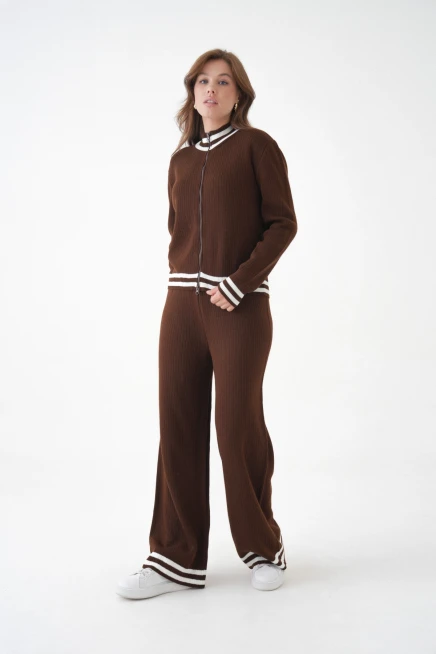 Kadın Dik Yaka Fermuar Kapama Çizgili Kaşkorse Ceket Pantolon İkili Triko Takım