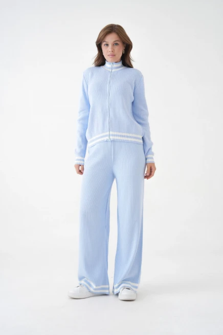 Kadın Dik Yaka Fermuar Kapama Çizgili Kaşkorse Ceket Pantolon İkili Triko Takım