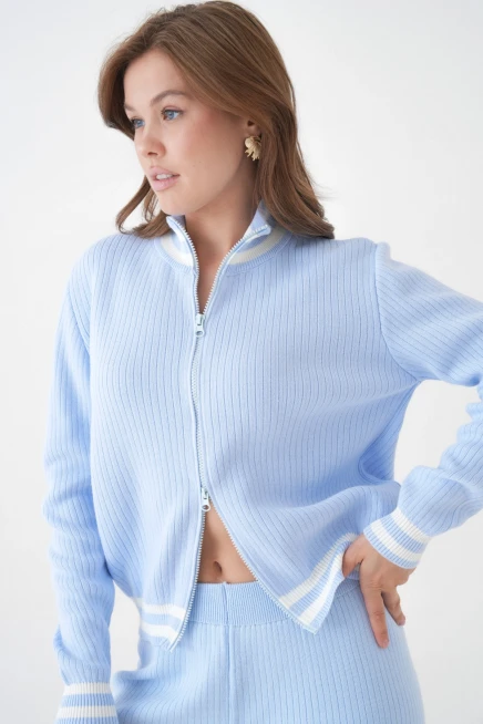 Kadın Dik Yaka Fermuar Kapama Çizgili Kaşkorse Ceket Pantolon İkili Triko Takım