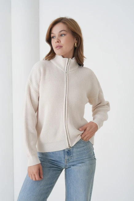 Kadın Dik Yaka Fermuar Kapama Oversize Triko Hırka 