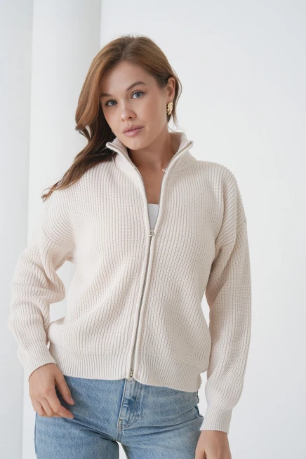 Kadın Dik Yaka Fermuar Kapama Oversize Triko Hırka 