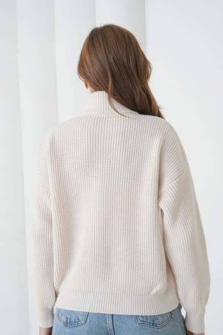 Kadın Dik Yaka Fermuar Kapama Oversize Triko Hırka 