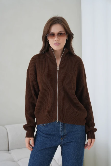 Kadın Dik Yaka Fermuar Kapama Oversize Triko Hırka 