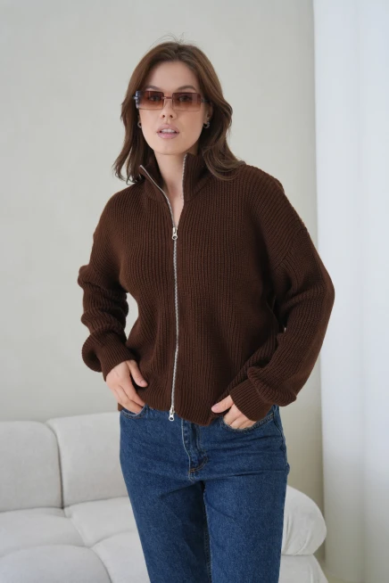 Kadın Dik Yaka Fermuar Kapama Oversize Triko Hırka 