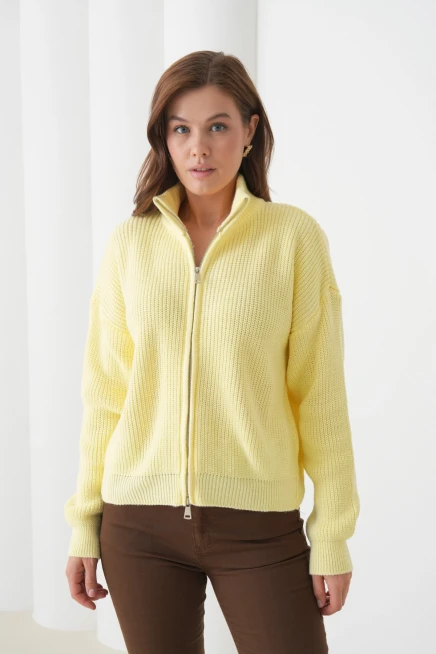 Kadın Dik Yaka Fermuar Kapama Oversize Triko Hırka 