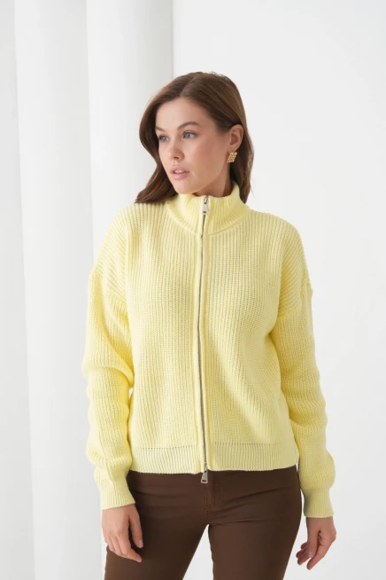 Kadın Dik Yaka Fermuar Kapama Oversize Triko Hırka 