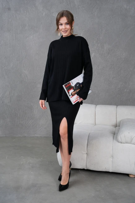 Kadın Dik Yaka Kazak Yırtmaçlı Uzun Etek İkili Triko Takım