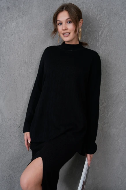 Kadın Dik Yaka Kazak Yırtmaçlı Uzun Etek İkili Triko Takım