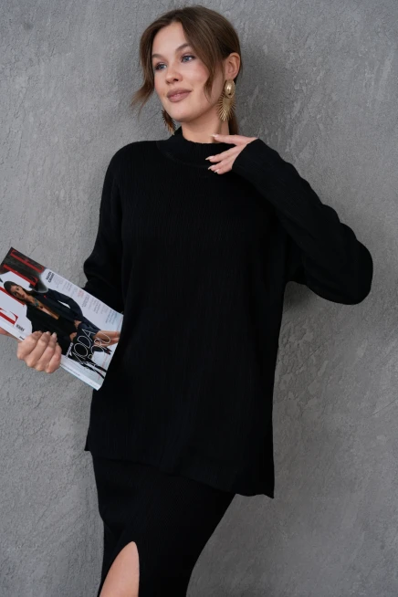 Kadın Dik Yaka Kazak Yırtmaçlı Uzun Etek İkili Triko Takım