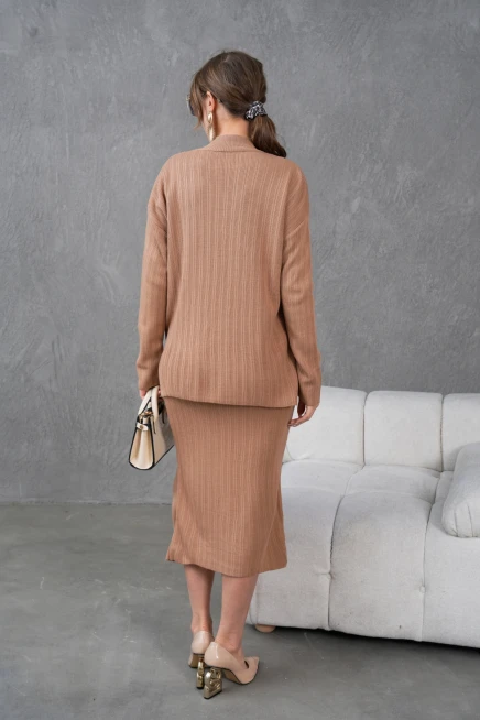 Kadın Dik Yaka Kazak Yırtmaçlı Uzun Etek İkili Triko Takım