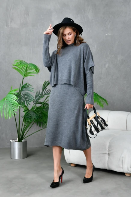 Kadın Dik Yaka Kısa Kol Kazak Uzun Elbise İkili Triko Takım