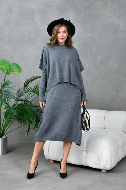 Kadın Dik Yaka Kısa Kol Kazak Uzun Elbise İkili Triko Takım