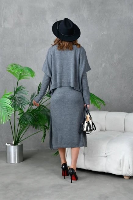 Kadın Dik Yaka Kısa Kol Kazak Uzun Elbise İkili Triko Takım